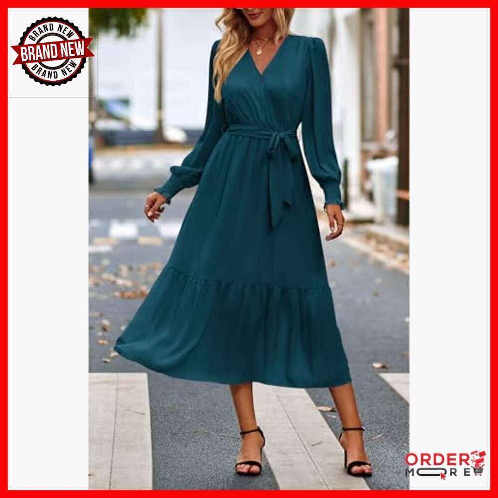 Long Sleeve Maxi Dress Wrap V Neck Ruffle Hem Flowy Boho Formal - Picture 6 of 7